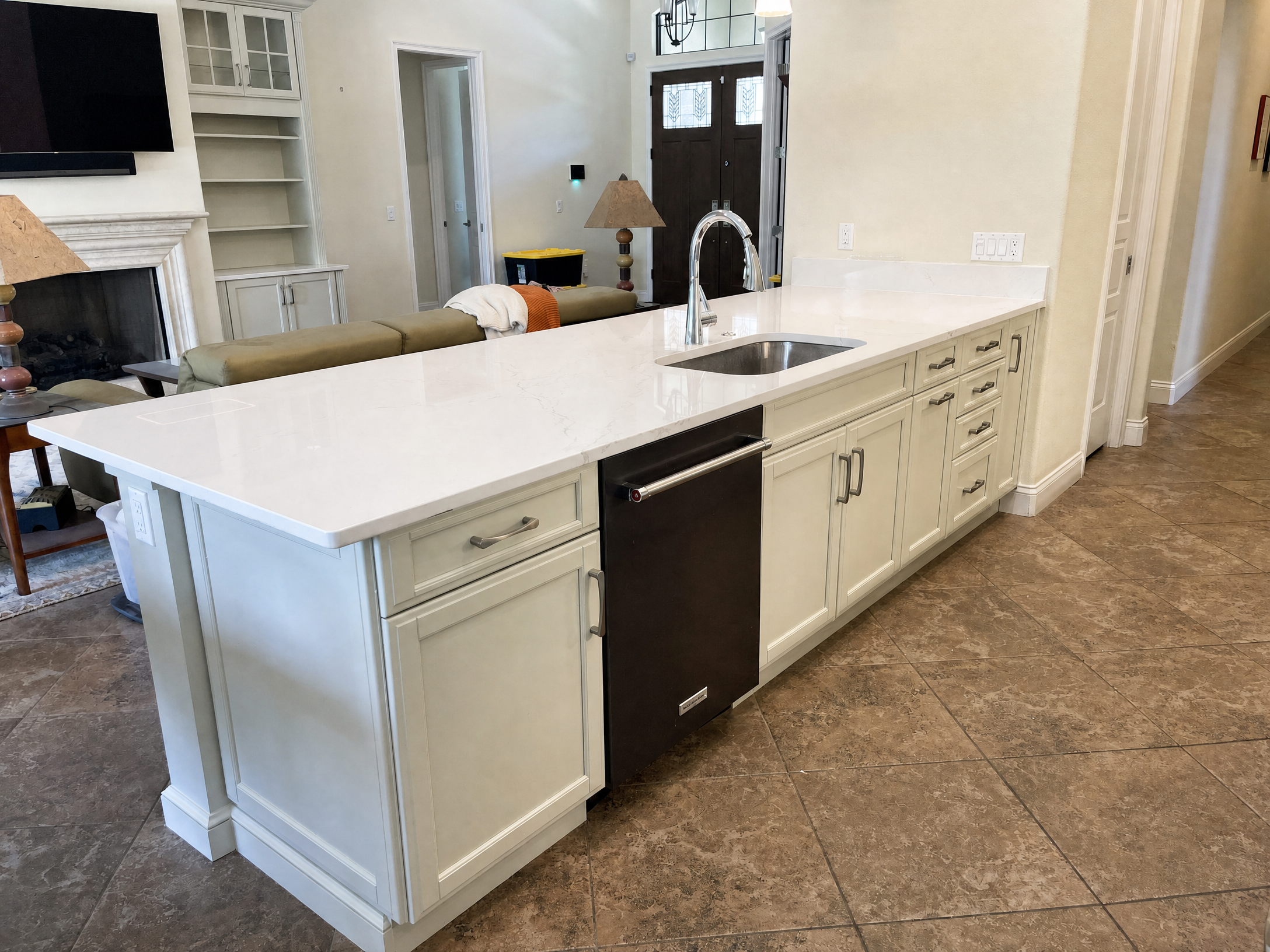 Tampa Bay cabinet refinishing project — Refinished kitchen island in a warm white palette