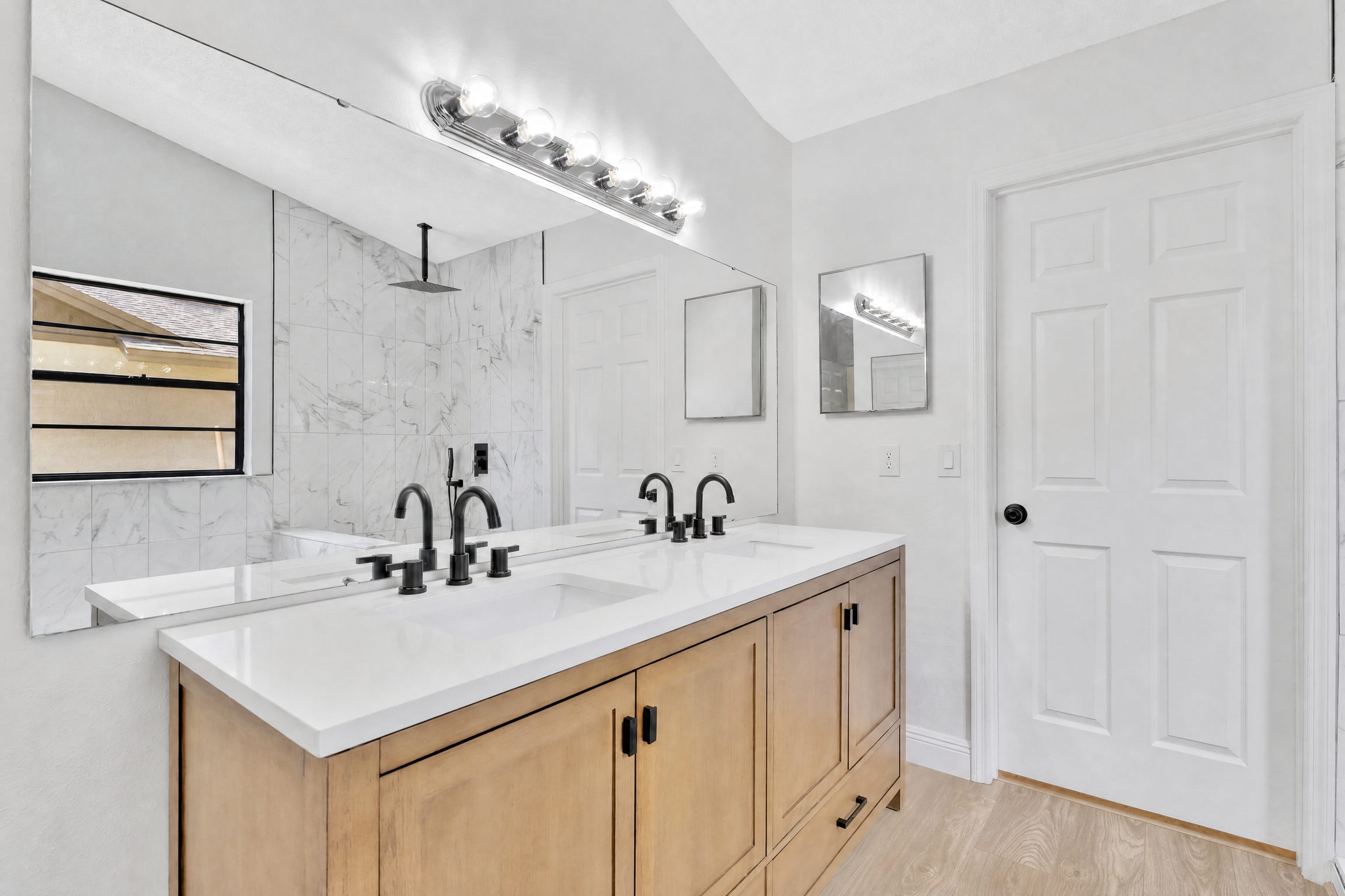 Tampa Bay bathroom remodeling project — White oak double vanity bathroom