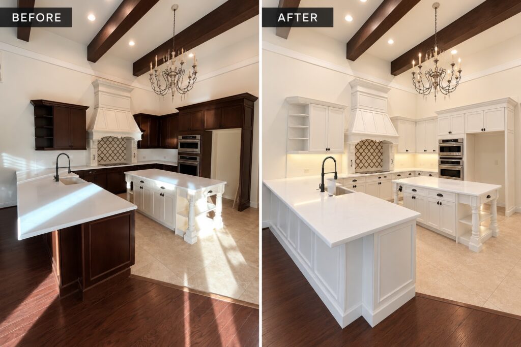 Lutz kitchen before and after cabinet refinishing: dark wood to Sherwin-Williams White Flour
